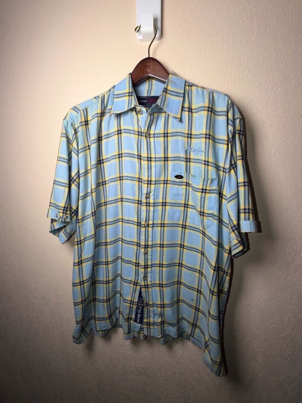 Vintage Phat‎ Farm Plaid Button Down Shirt Men’s Large Blue Yellow Short Sleeve